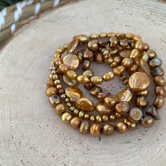 Natural Gold Bronze Cultured Freshwater Pearl Mixed Bead Bracelet Stack - Picture 5 of 11